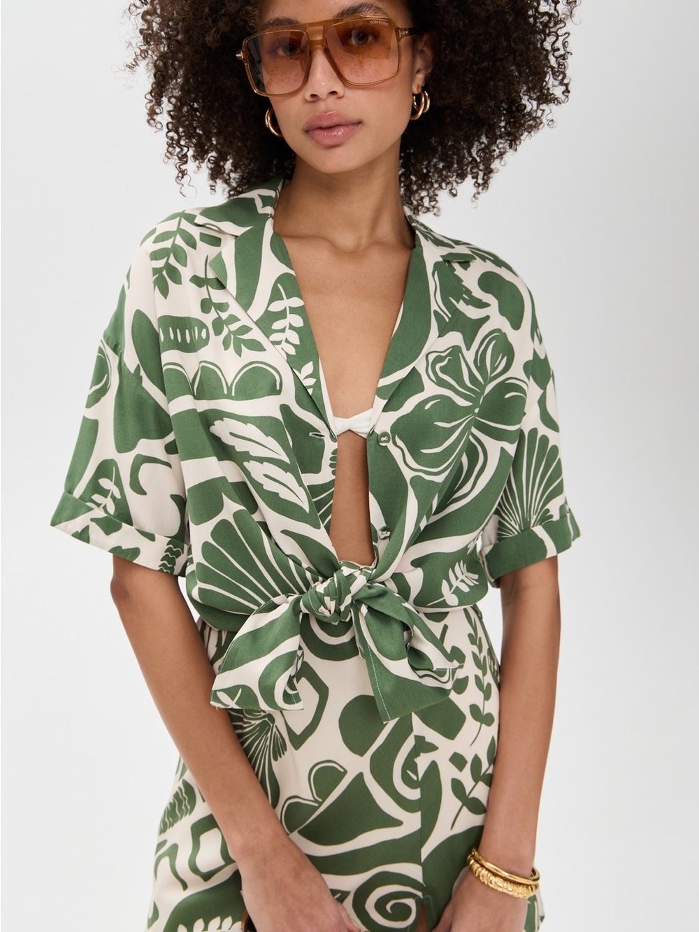 Mink Pink Green and Cream Tropical Tie-Front Swim Cover-Up top and skirt set.